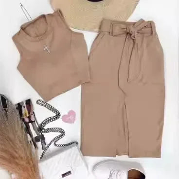 Ensemble jupe pour femmes, ensemble deux pièces, moulant, col rond, sans manches, haut court, jupes mi-longues, épissure taille haute, à lacets