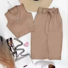 Ensemble jupe pour femmes, ensemble deux pièces, moulant, col rond, sans manches, haut court, jupes mi-longues, épissure taille haute, à lacets