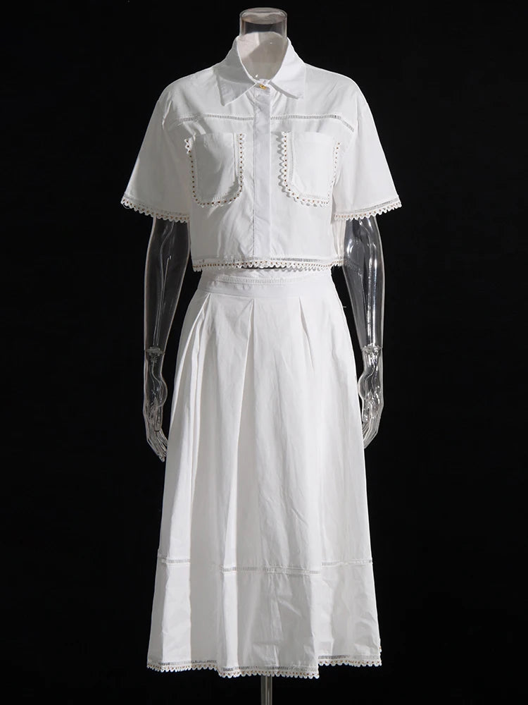 TWOTWINSTYLE – ensemble deux pièces pour femmes, couleur unie, haut à manches courtes, taille haute, jupe trapèze, Slim, mode féminine, nouveau, été