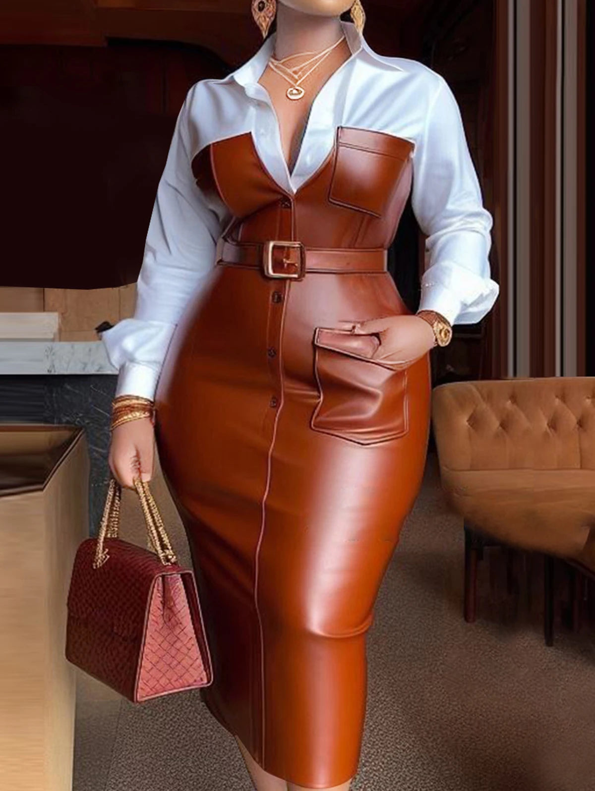 Robe mi-longue en cuir PU pour femmes, col chemise, boutons, manches longues, poches Patchwork, slim, ceinture, revers, nouvelle collection automne