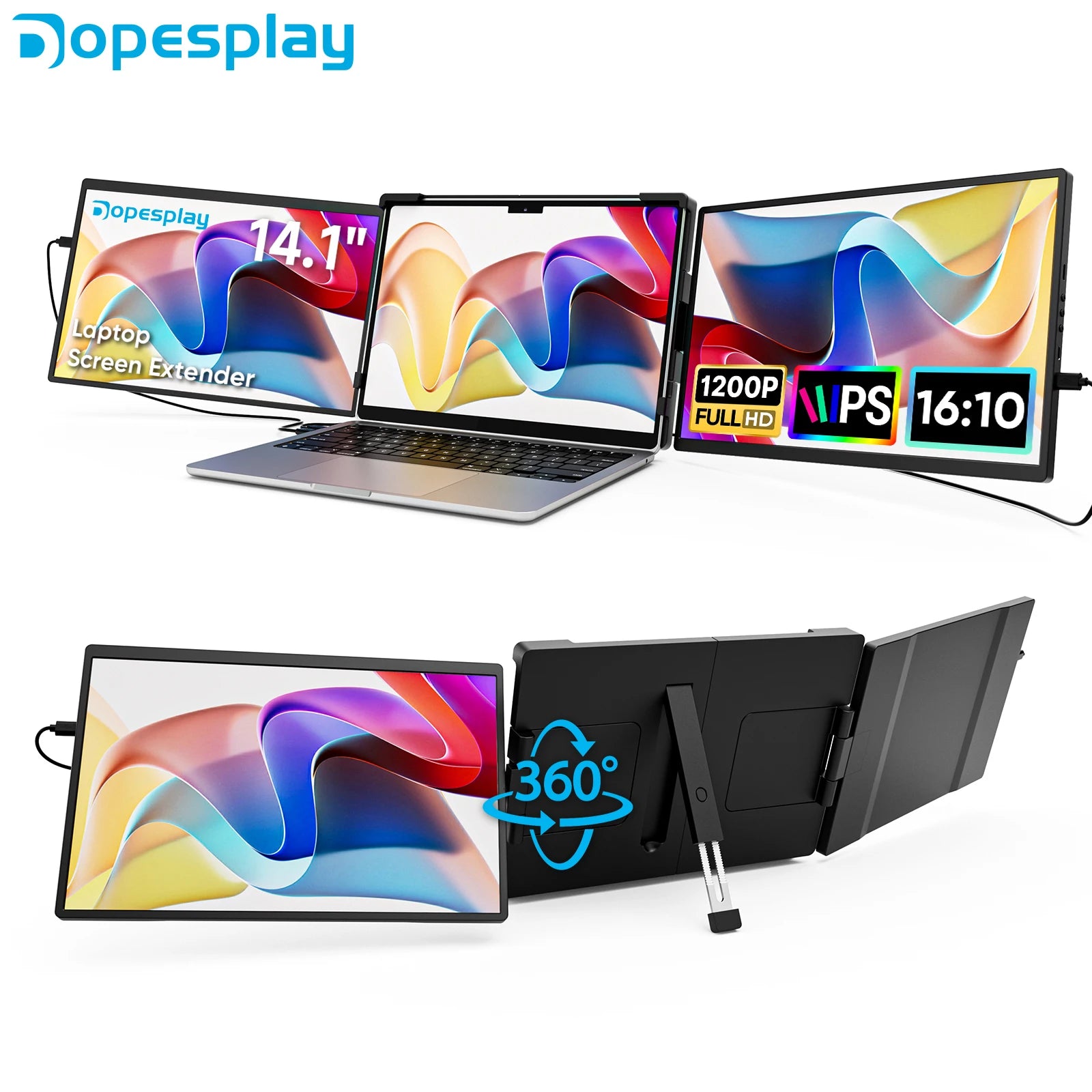 Dopesplay 14.1 pouces ordinateurs portables extension d'écran Triple double FHD 1200P IPS moniteurs portables pour Windows Macbook Chrome 13.3-17.3 pouces