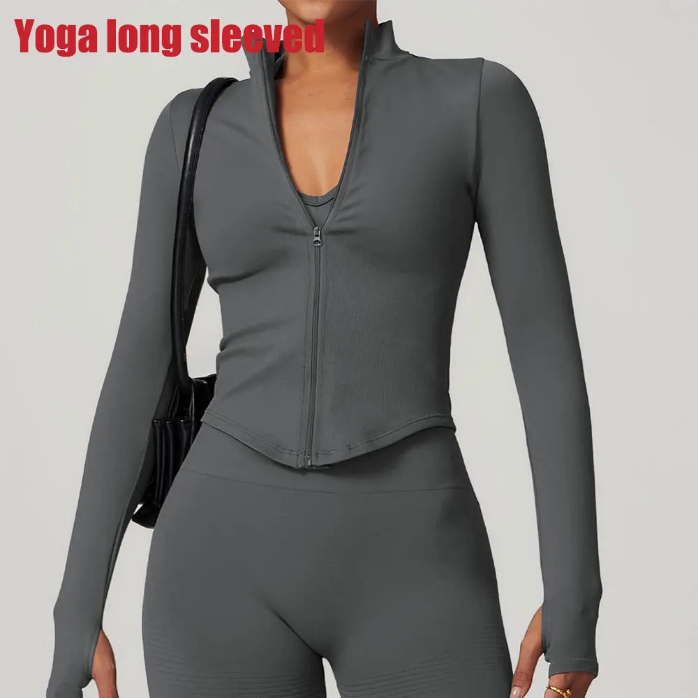 Veste à fermeture éclair pour femmes, haut court, T-shirts de Yoga, haut de Sport solide, chemises de course à manches longues, Sexy, séchage rapide, Fitness, vêtements de Sport