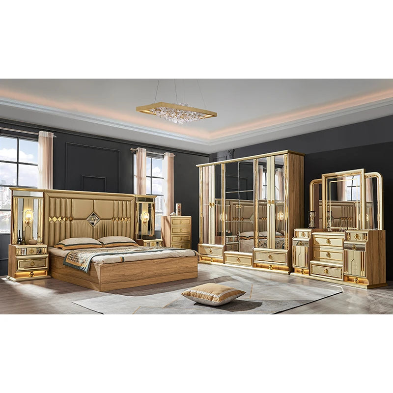Cadre en bois de Style Royal, lit Double King Size en cuir, MDF en bois doré, ensemble de meubles de luxe pour chambre à coucher complète