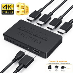 Répartiteur 1 entrée 4 sorties Compatible HDMI, commutateur vidéo HD 4K, adaptateur de câble HDMI, Hub 1x4 pour PS4, moniteur d'ordinateur portable, boîtier TV, projecteur
