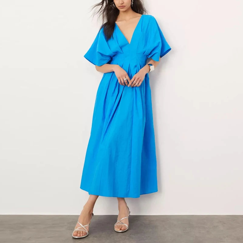 Robe de soirée française pour femmes, couleur unie, col en v, taille haute, longue, bureau, élégante, plissée, manches courtes, ligne a, nouvelle collection été 2024