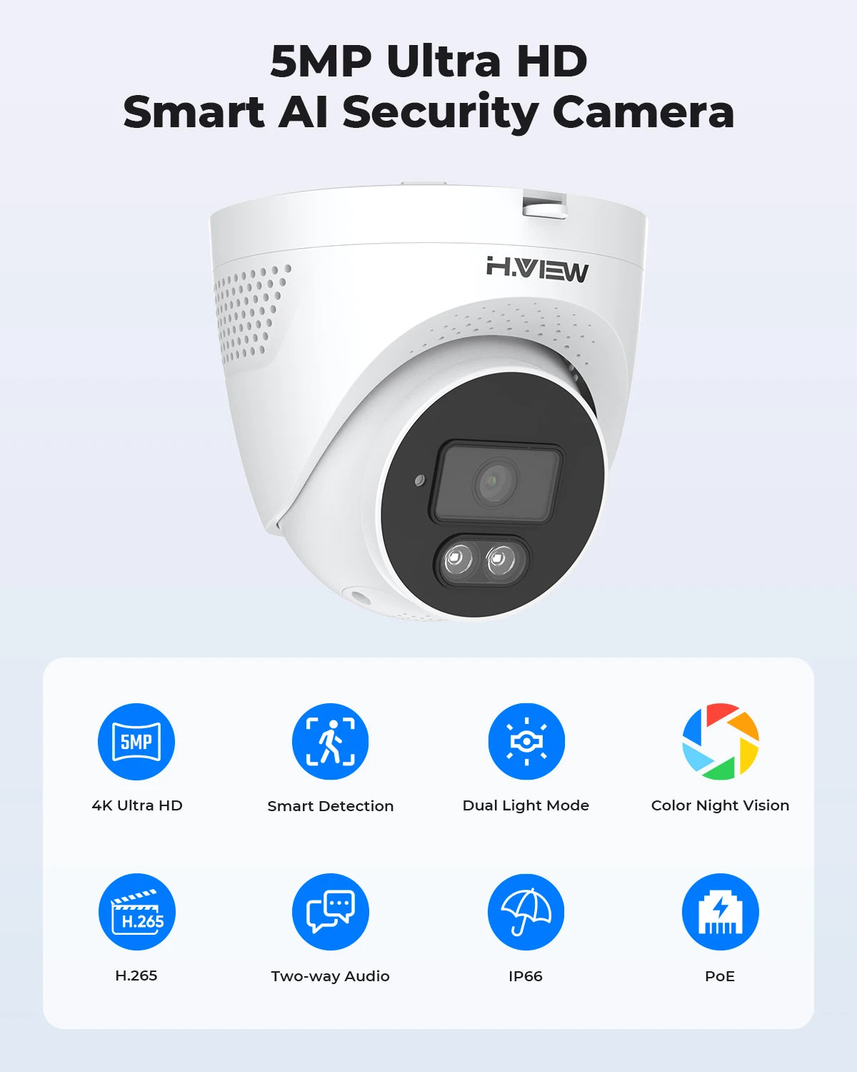 H.View-Caméra de surveillance étanche IP Poe Ai 5MP, dispositif de sécurité avec détection qualifiée ale, audio et vidéo, pour système Nvr Onvif
