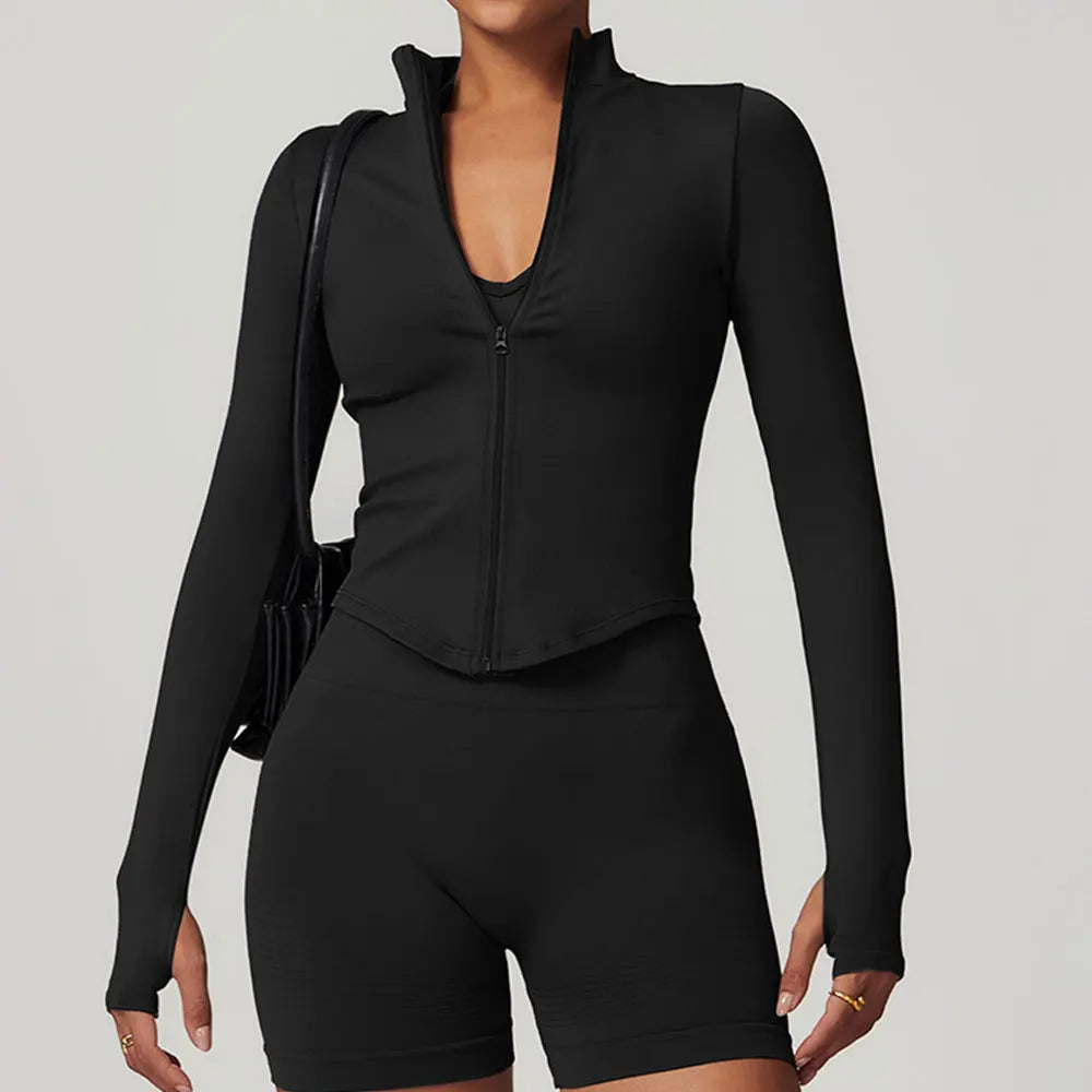 Veste à fermeture éclair pour femmes, haut court, T-shirts de Yoga, haut de Sport solide, chemises de course à manches longues, Sexy, séchage rapide, Fitness, vêtements de Sport