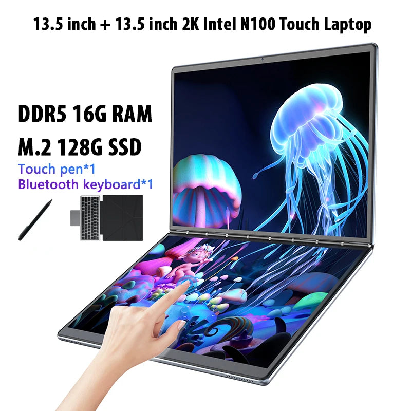 BYONE BY135 Dual Screen Laptop Intel N100 DDR5 16G RAM M.2 SSD 13.5 Inch 2.5K Touch Screen Notebook 9000Mah Computer PC Office