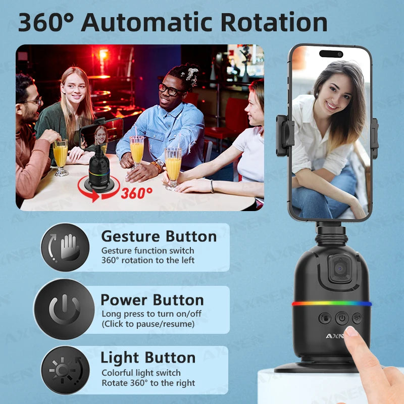Stabilisateur de téléphone portable à cardan avec suivi du visage AI, support de selfie à rotation automatique à 360 °, trépied en option, iPhone 15 Pro Max Android
