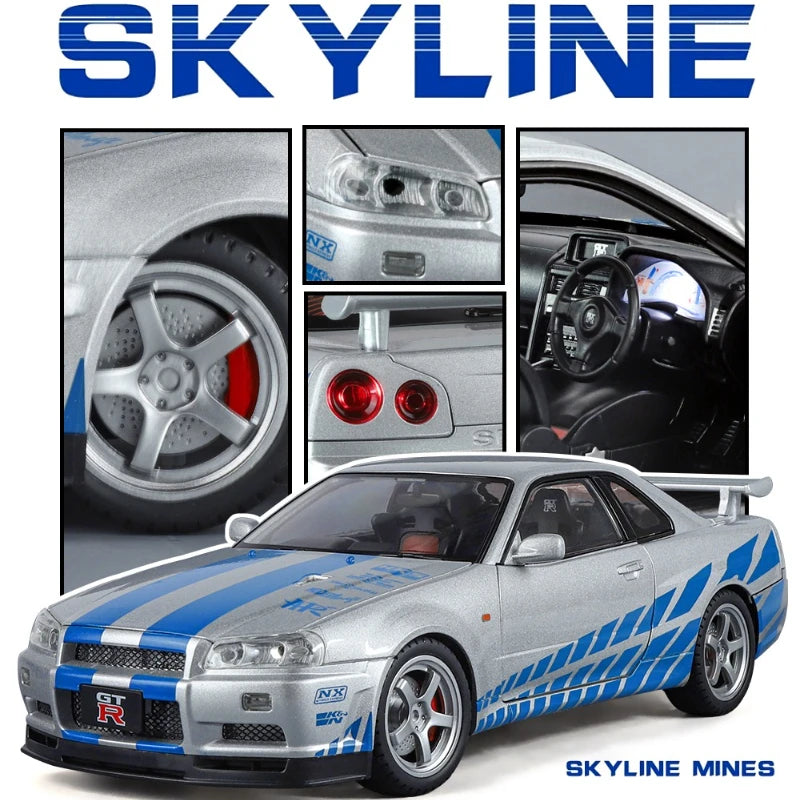 Grande taille 1/18 échelle Nissan GT-R R34 horizon alliage voiture modèle moulé sous pression jouet voiture pour garçons JDM voiture de course jouet cadeau passe-temps à collectionner