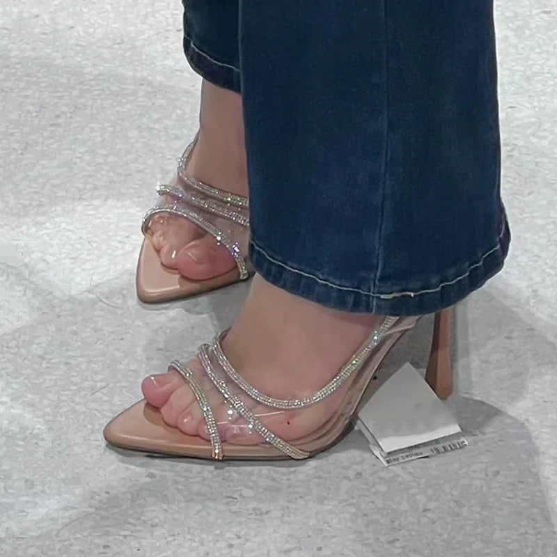 Sandales à talons hauts et fins pour femmes, nouveau Style féerique, Sexy, bouche peu profonde, dos creux, pointu, diamant d'eau, bout ouvert, été 2024