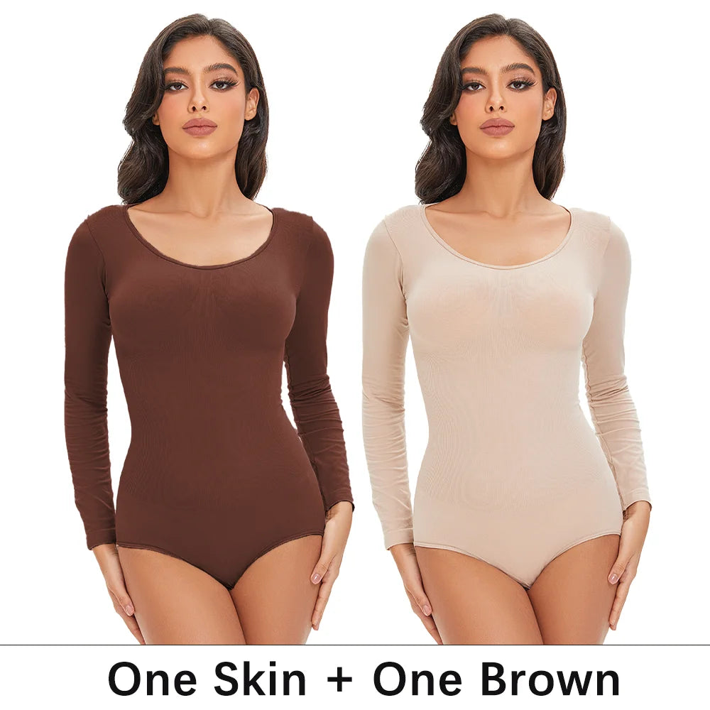 POKARLA Spandex élastique Body costume Shapewear femmes corps Shaper ventre contrôle à manches longues ouvert entrejambe col rond sans couture Shapers