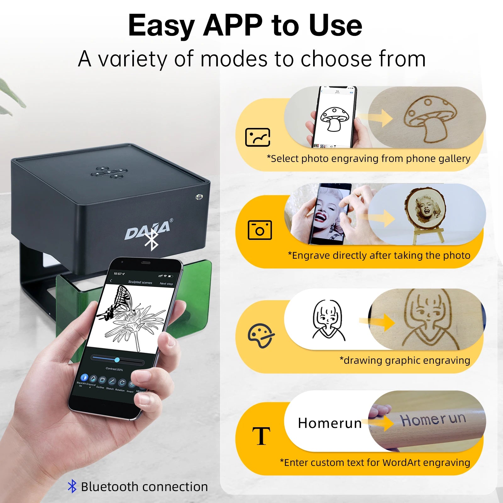 DAJA DJ6 Mini graveur Laser Portable bricolage Bluetooth Machine peint chien étiquette papier cuir en bois plastique Logo CNC Machine