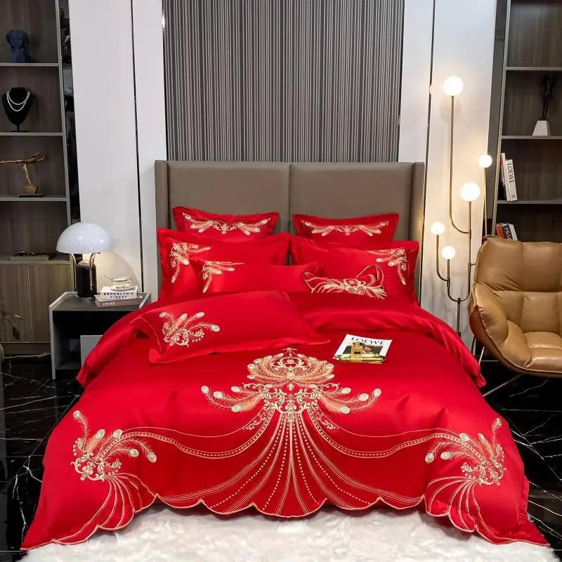 4/6 pièces blanc gris satin or broderie luxe Satin coton ensemble de literie Double reine roi housse de couette drap de lit taies d'oreiller
