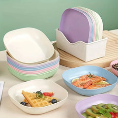 Un ensemble de 10 assiettes carrées avec 1 support – ensemble d'assiettes alimentaires portables