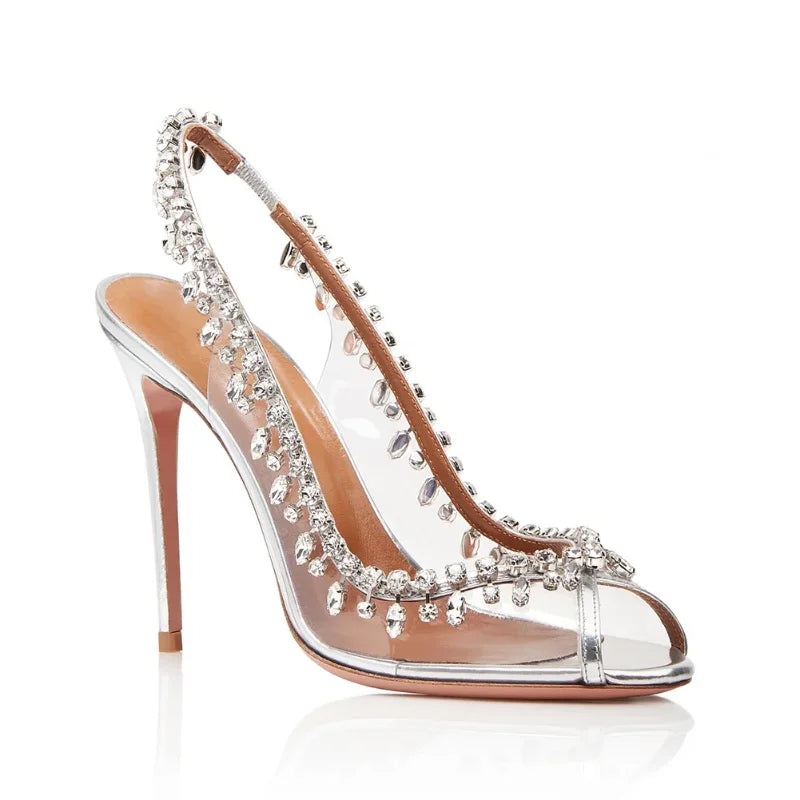 Sandales d'été à talons hauts pour femmes, bouche de poisson transparente avec chaîne en strass, talons aiguilles, chaussures à dos vide, nouvelle collection