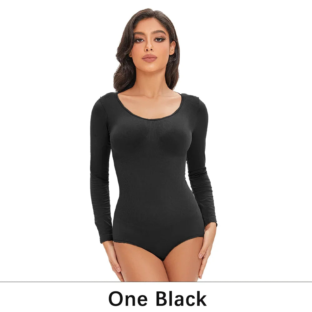 POKARLA Spandex élastique Body costume Shapewear femmes corps Shaper ventre contrôle à manches longues ouvert entrejambe col rond sans couture Shapers