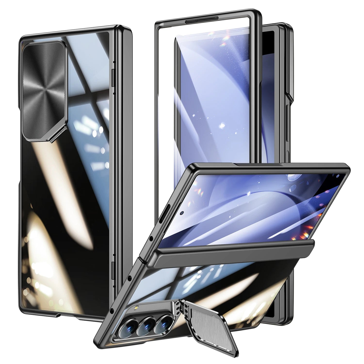 Pour Samsung Galaxy Z Fold 6 étui avec couverture et support Camear mince Protection de charnière tout compris étui transparent galvanisé