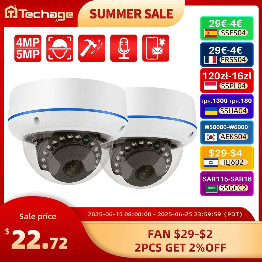 Techage H.265 4MP 5MP dôme intérieur 48V POE caméra IP Audio unidirectionnel verre anti-vandalisme IPC P2P vidéo CCTV Surveillance de sécurité