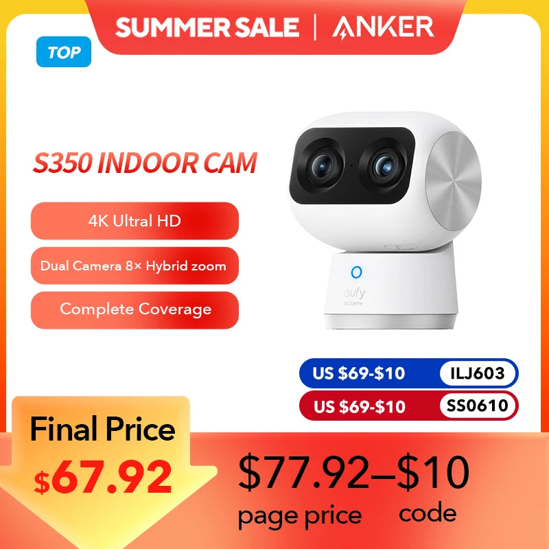 eufy Security Indoor Cam S350 Double caméras 4K 8MP Caméra de sécurité bébé 8 × Zoom 360 °   Caméra de surveillance PTZ humaine/animal de compagnie AI Wifi
