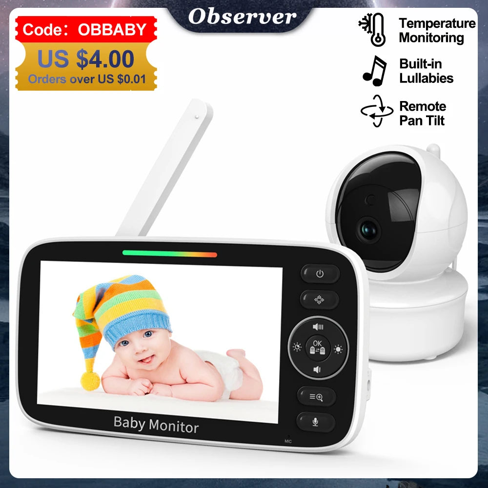 Moniteur vidéo pour bébé de 5 pouces avec caméra, zoom 4X, surveillance de la température, audio bidirectionnel, baby-sitter électronique, berceuse intégrée, SM50