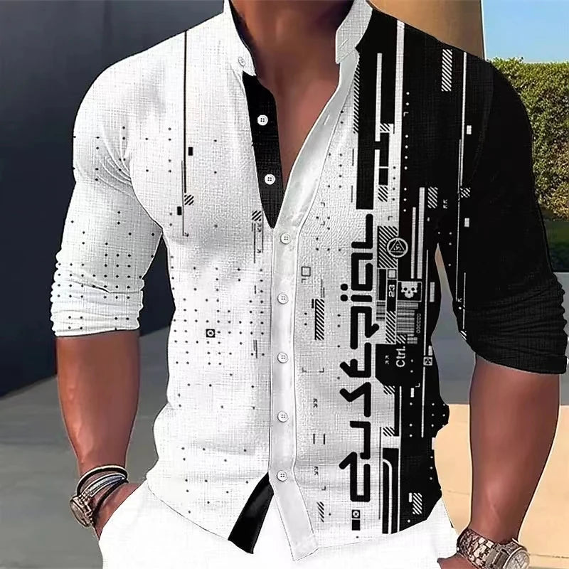 New Four Seasons Fashion Men's Shirt Printed Casual Business Long Sleeve Stand Collar Shirt Men's Extra Large Size xs-5xl
