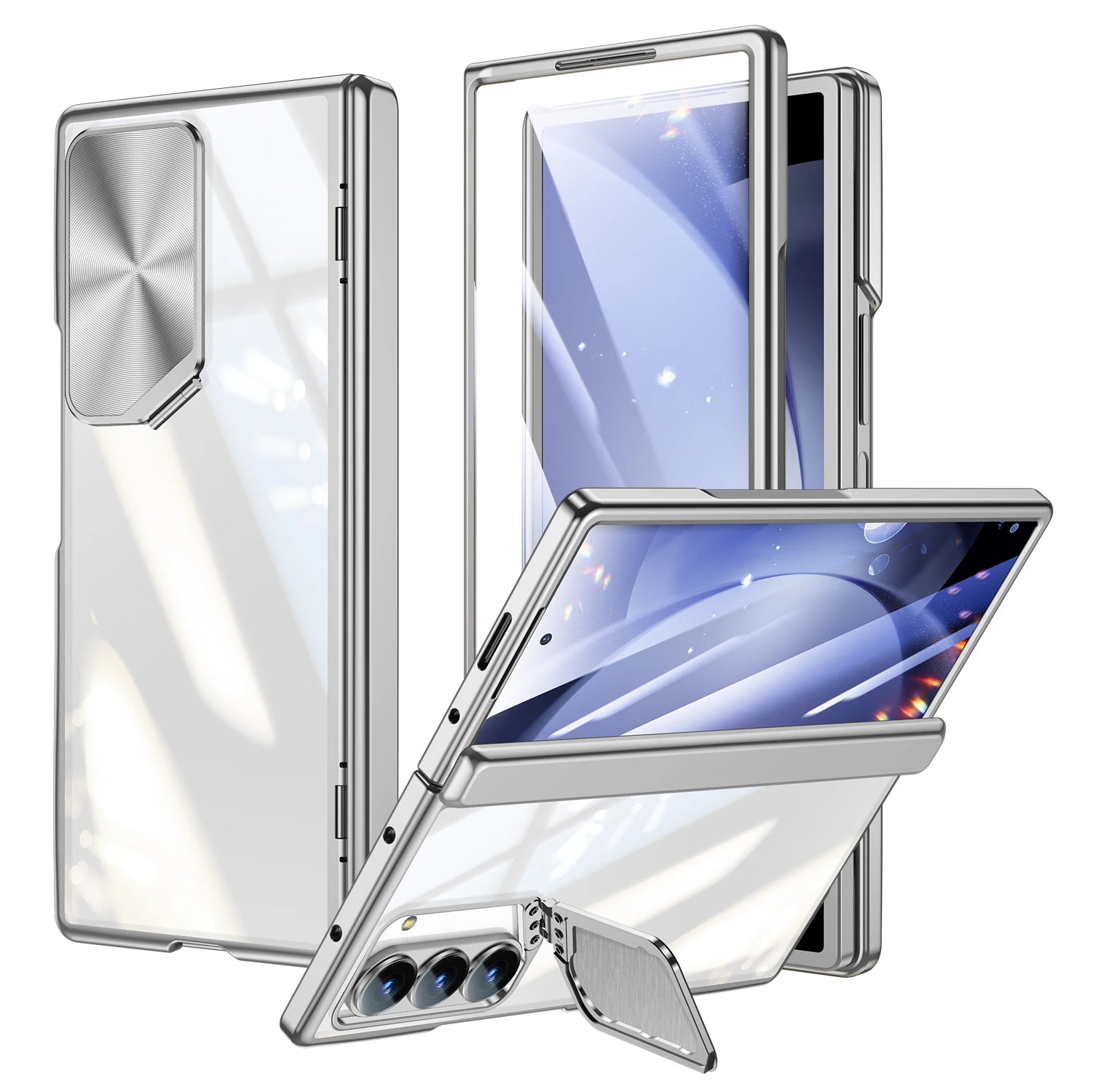 Pour Samsung Galaxy Z Fold 6 étui avec couverture et support Camear mince Protection de charnière tout compris étui transparent galvanisé