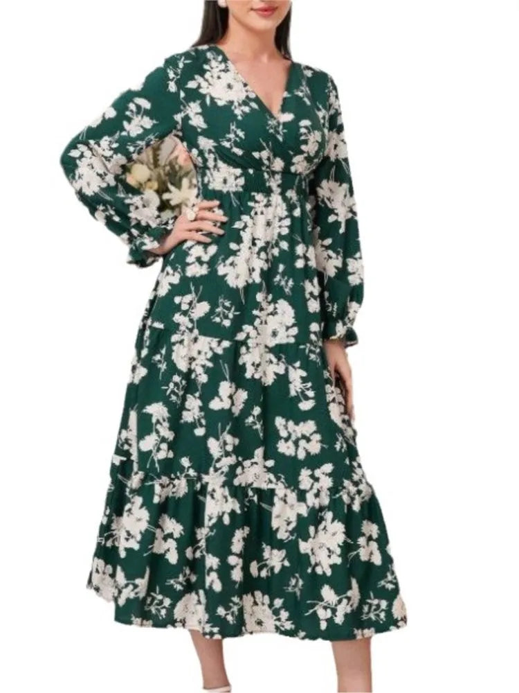 Autumn Women's New Sexy V-neck Fashionable Printed Cake Long Sleeves Medium To Long Length Casual Comfortable Dress For Women