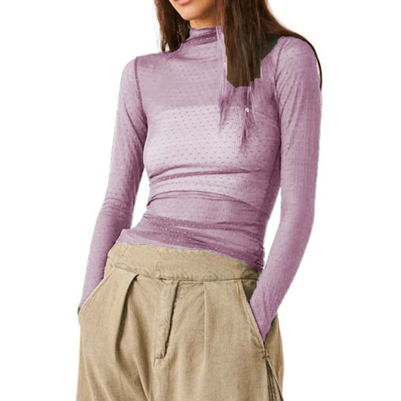 T-shirt à col roulé à manches longues pour femmes, maille transparente à pois, haut court, vêtements grunge, streetwear sexy, nickel é en Y