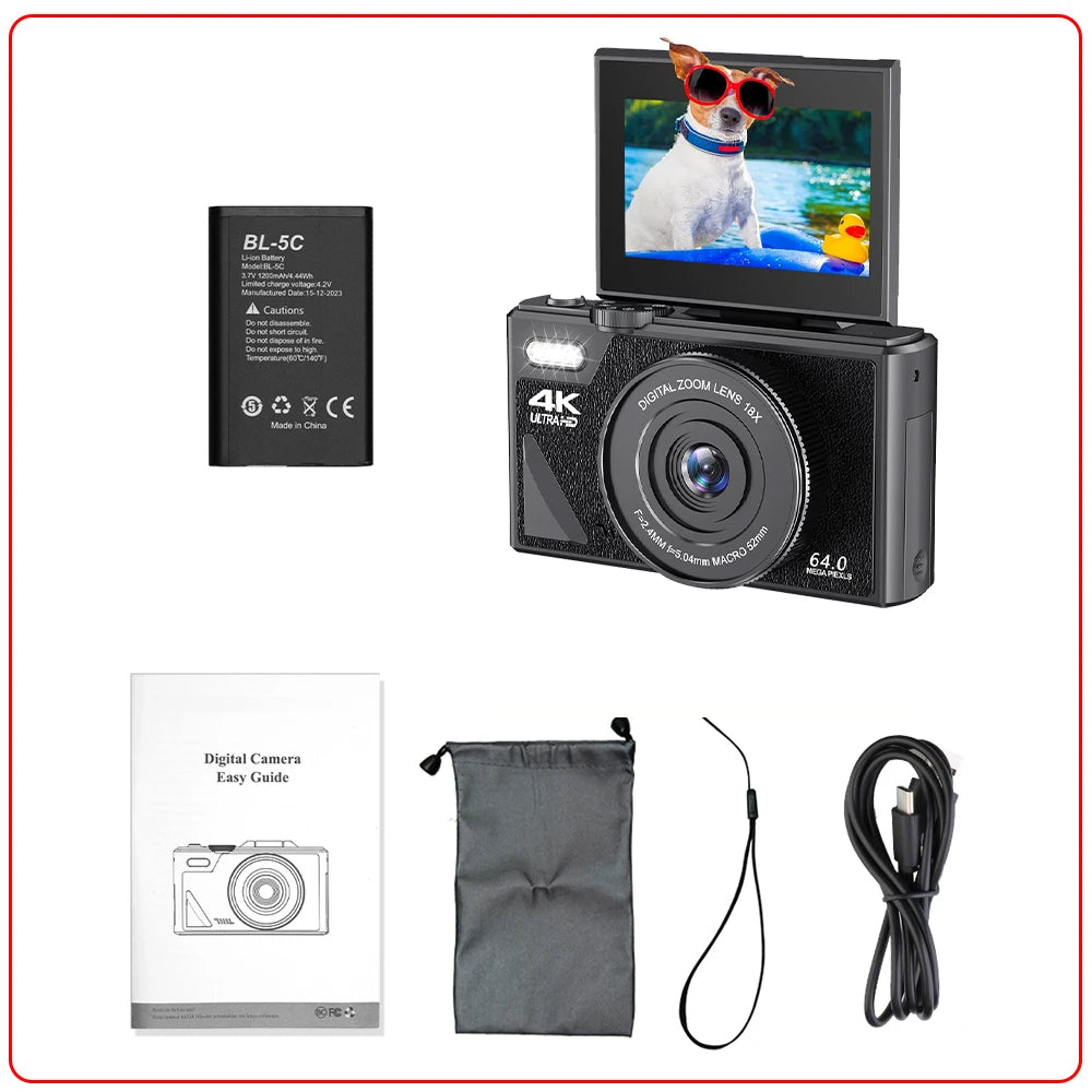 Appareil photo de photographie numérique compacte, Zoom numérique 4K 18X, enregistreur vidéo Vlog Vintage YouTube 180 °   Caméra Web WiFi Selfile à écran rabattable