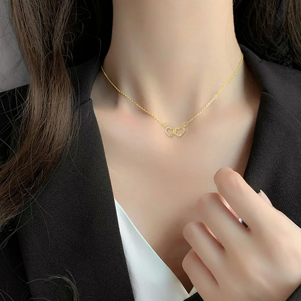 Chaîne en acier inoxydable couleur or romantique zircon double coeur pendentif colliers pour femmes filles accessoires délicats cadeaux