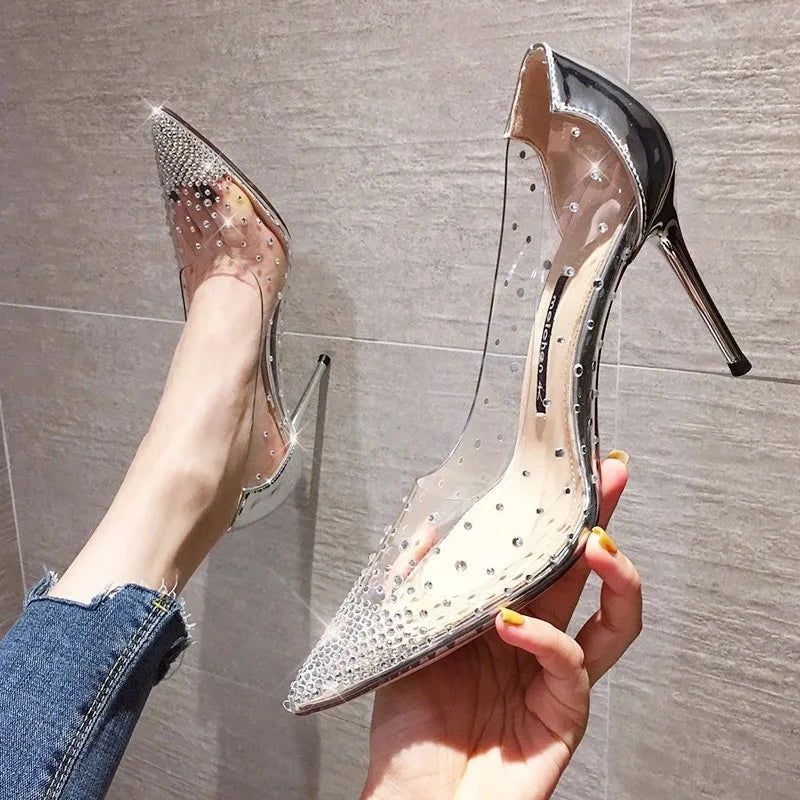 Chaussures de Mariage à Talons Hauts et Fins pour Femme Escarpins de Luxe en Strass, Bout Jolie tu, Transparent