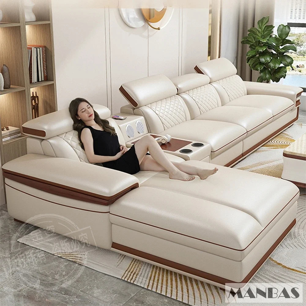 Linlamlim Premium Italian Genuine Leather Sofa Set for Living Room with Adjustable Headrests, Bluetooth Speaker, Wireless Charge