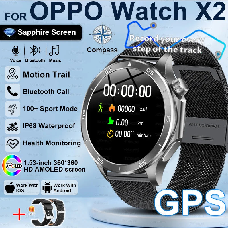 Pour OPPO X2 GPS montres intelligentes homme 360*360 AMOLED écran fréquence cardiaque Bluetooth appel IP68 étanche boussole sport Smartwatch 2025