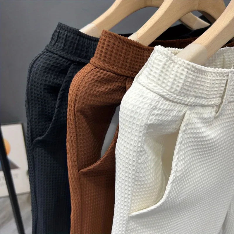 2024 Leisure Trend Korean Edition Summer Solid Color Zipper Pocket Men's High Waist Elastic Slim Fit Straight Nine Split Pants