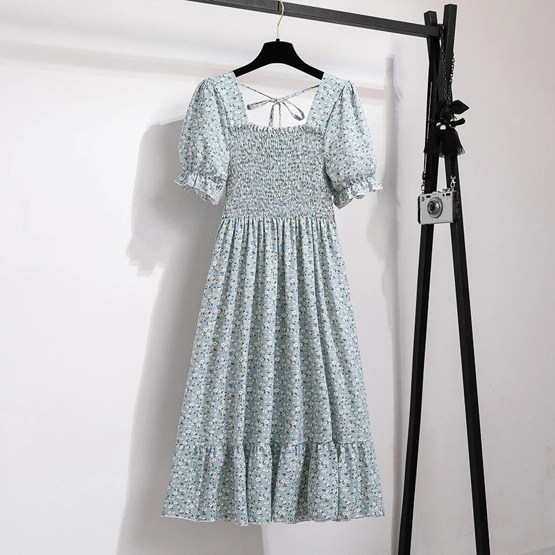 Printemps été robes en mousseline de soie mode femme taille élastique à manches courtes plissée tenue décontractée femmes robes a-ligne robes