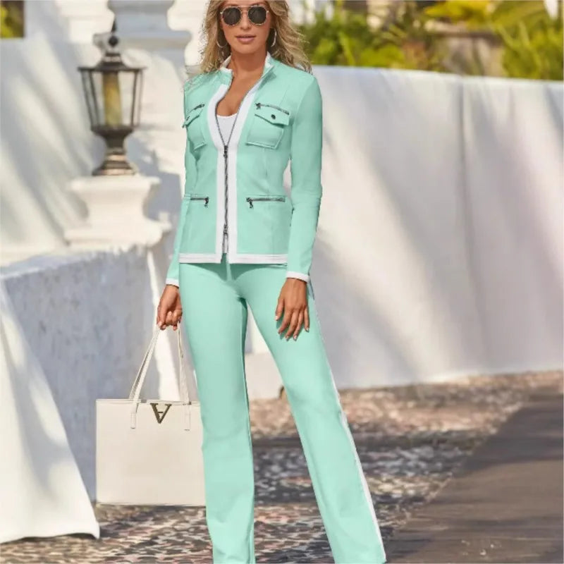 Autumn New Fashion Two Pice Set Color Blocking Zipper Elegant Office Pencil Suits Women Casual Bodycon Pants Set Vestido