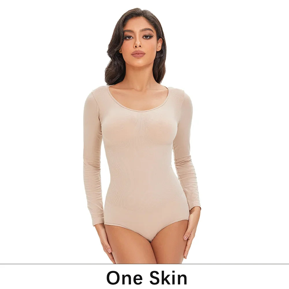 POKARLA Spandex élastique Body costume Shapewear femmes corps Shaper ventre contrôle à manches longues ouvert entrejambe col rond sans couture Shapers