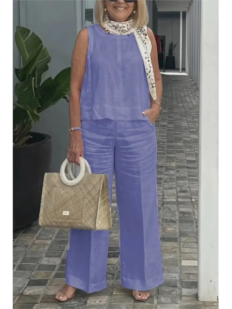 Spring Summer Cotton Linen Solid Color Sleeveless Women Pants Suit Simple Casual Pocket Elegant Female Office Retro 2 Piece Set