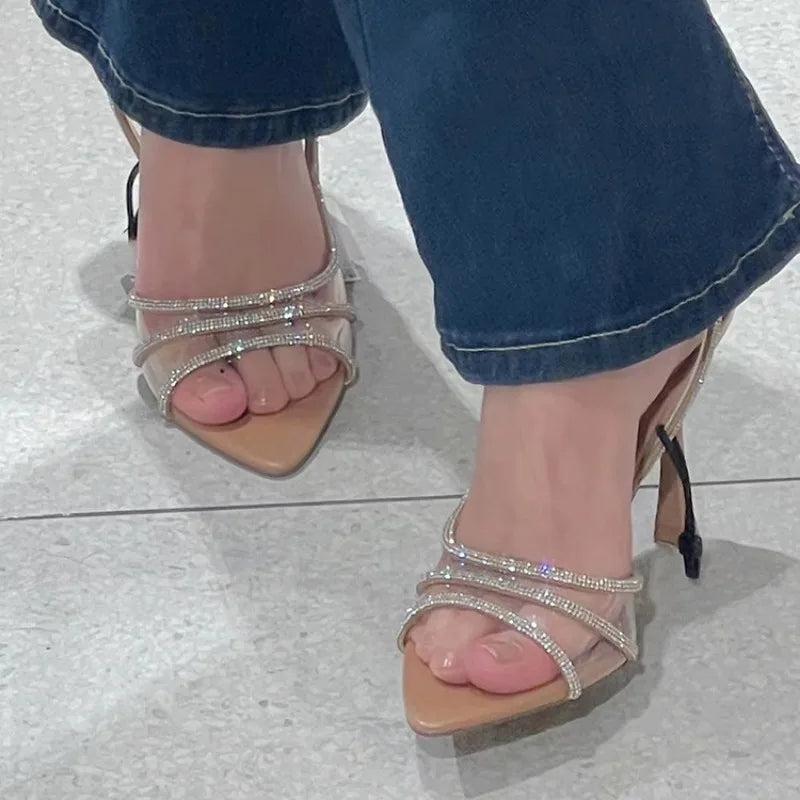 Sandales à talons hauts et fins pour femmes, nouveau Style féerique, Sexy, bouche peu profonde, dos creux, pointu, diamant d'eau, bout ouvert, été 2024
