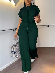 Femmes décontracté col rond cordon à manches courtes haut et taille haute pantalon ensemble été solide deux pièces costume ensembles tenues ensemble femme