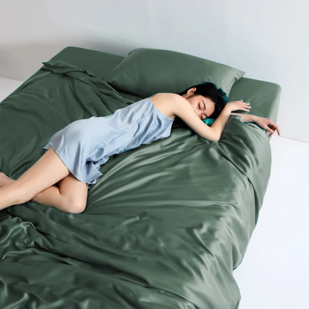 Liv-esthete – parure de lit 100% soie, vert pur, couleur unie, drap plat, taies d'oreiller, Queen size, King size, housse de couette, cadeau de sommeil