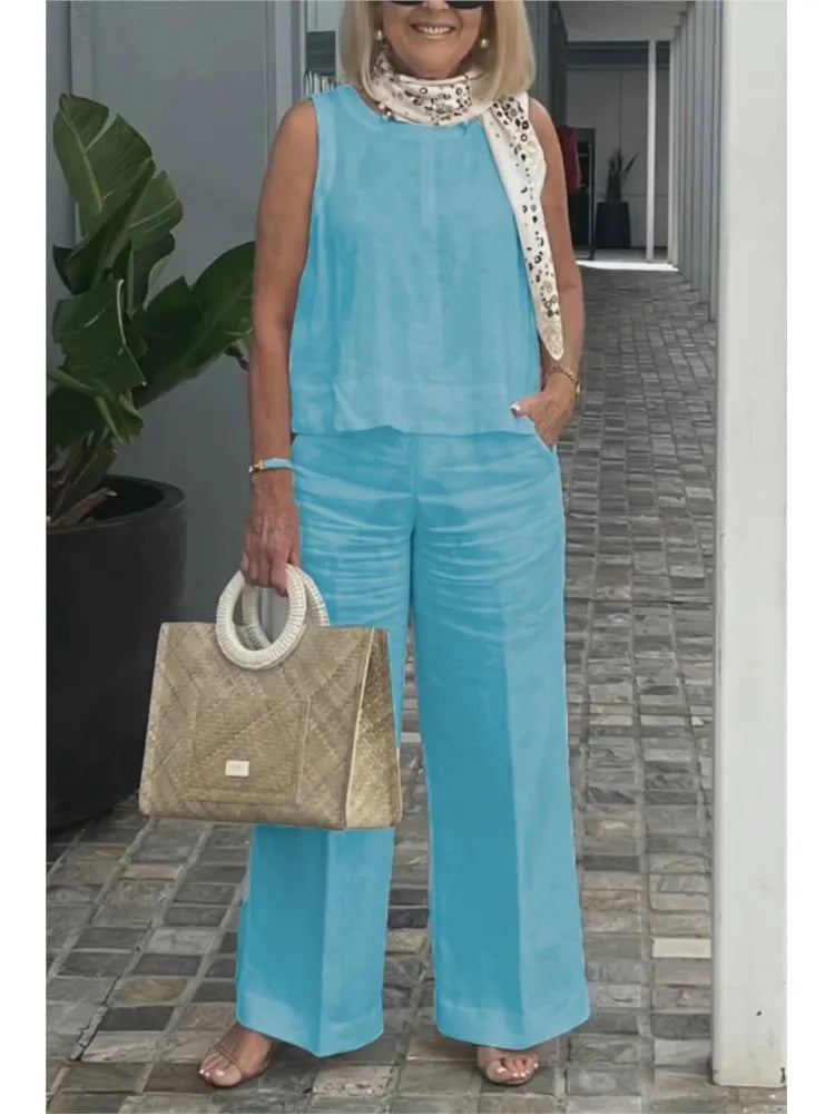 Spring Summer Cotton Linen Solid Color Sleeveless Women Pants Suit Simple Casual Pocket Elegant Female Office Retro 2 Piece Set