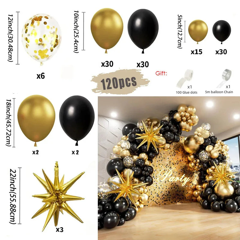 Kit d'arc de guirlande de ballons noirs et dorés, avec ballons en aluminium Starburst, fournitures de décoration pour mariage, anniversaire, fête de famille