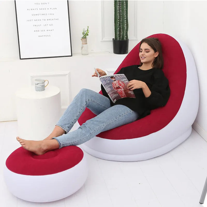 Canapé Gonflable avec Coussin de Pieds, Lit Flocage de Style Européen et Américain, Mobilier d'Extérieur, Chaise Simple Portable