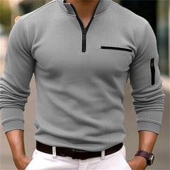Hommes printemps et automne sport décontracté outillage Style couleur unie rayé bras fermeture éclair épissage fausse poche à manches longues POLO