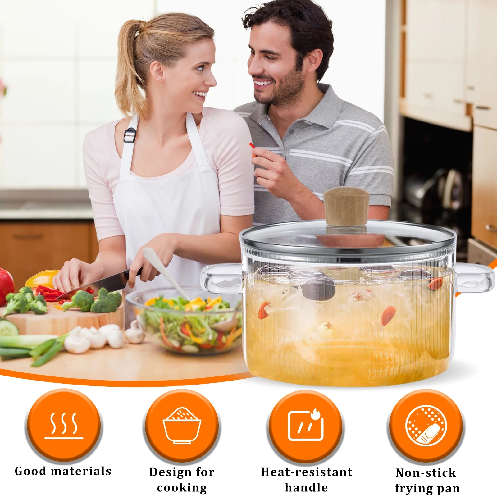 Casserole en verre transparente avec couvercle, 1,6 l, marmite à soupe en verre résistant à la chaleur, double poignées, outils de cuisine