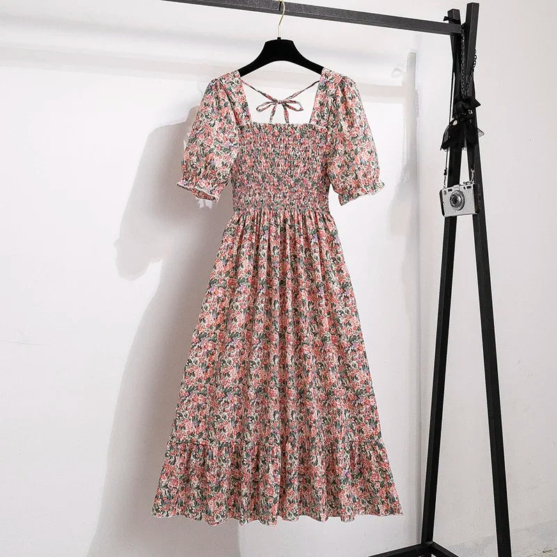 Printemps été robes en mousseline de soie mode femme taille élastique à manches courtes plissée tenue décontractée femmes robes a-ligne robes