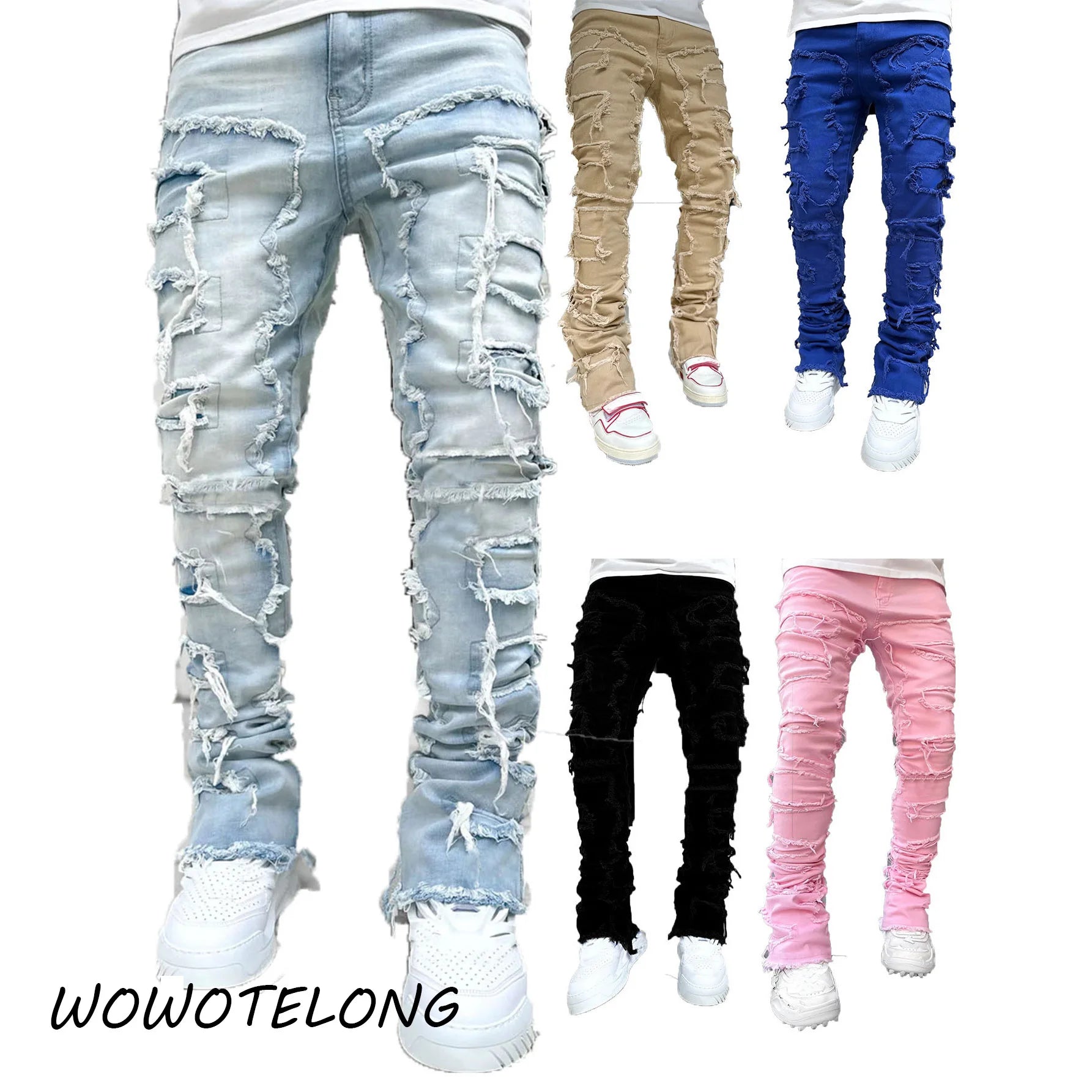 Jean empilé coupe régulière pour hommes déchiré coupe slim patch délavé Pantalon en denim droit détruit Hip Hop Pantalon streetwear tissu