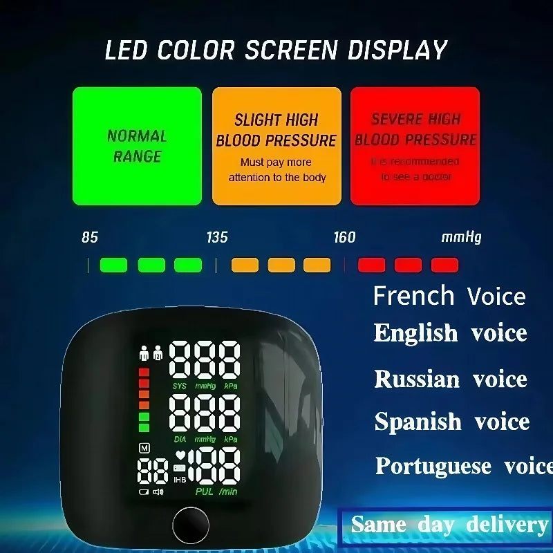 Tensiomètre à chargement vocal au poignet, tensiomètre multifonctionnel, moniteur de fréquence cardiaque, sang grand écran LED